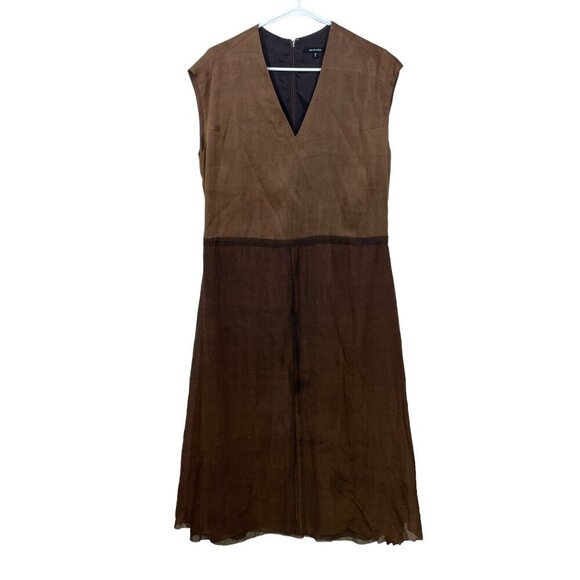 Pas de calais 100% Silk Size S Brown STAINED Sleeveless Dress Knee Dress Raw Hem - Picture 1 of 9
